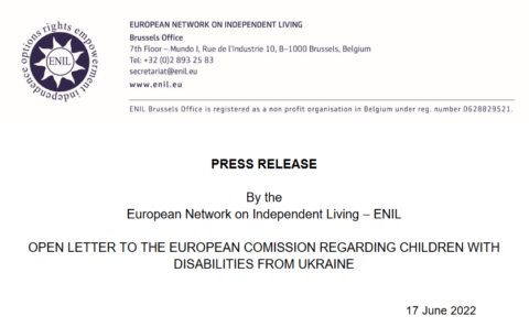 Image of the press release by ENIL - Open Letter to the European Commission regarding children with disabilities from Ukraine. ENIL contact information are noted. Date is June 17 2022