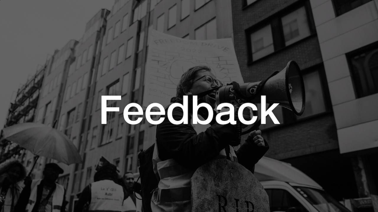 People marching with text saying 'feedback'