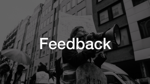 People marching with text saying 'feedback'