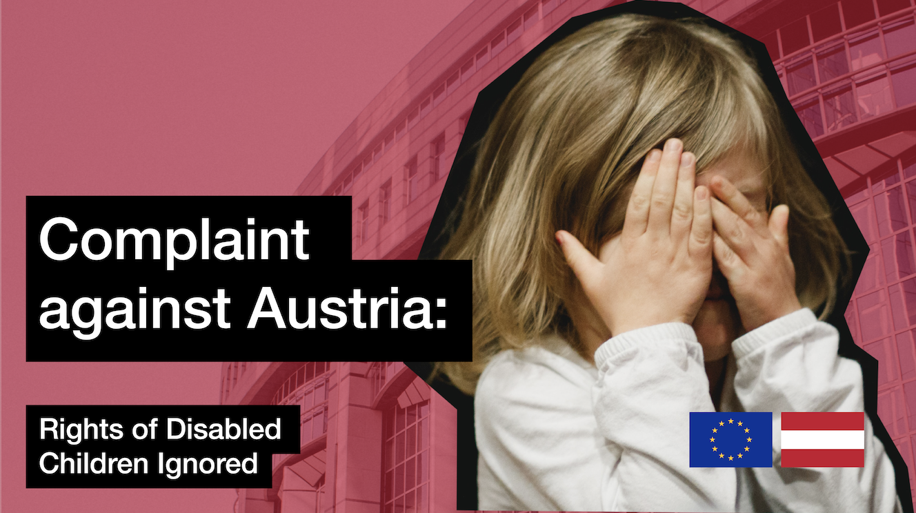 Complaint against Austria, rights of disabled people ignored. Photo of a child crying, eu flag and austria