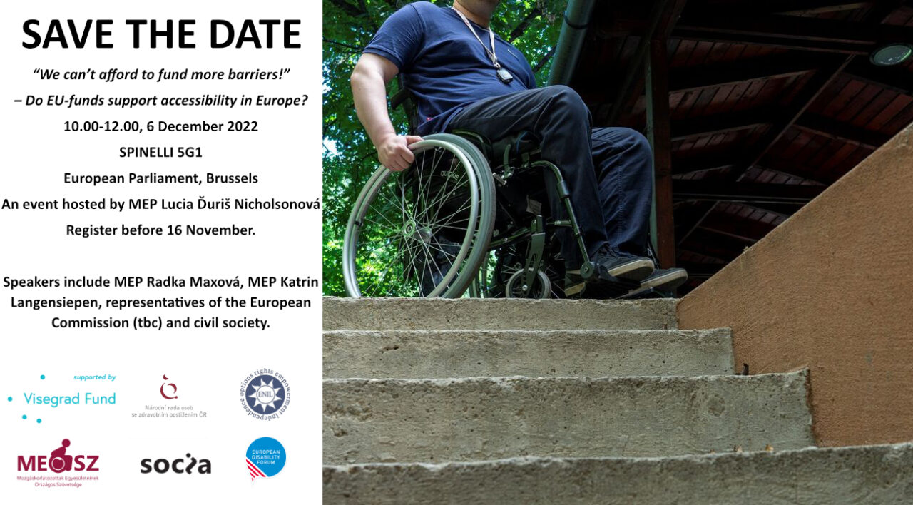 The image has text on the left side saying Save the Date and with the logos of the organisers, and an image on the right side, showing a person in a wheelchair on top of the stairs