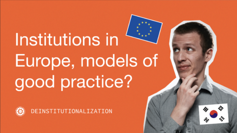 Institutions in Europe, models of good practice? Man with Korean flag questioning the EU flag