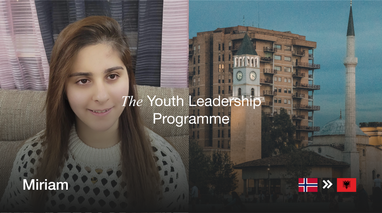 The Youth Leadership Programme. Miriam, from Norway to Albania. Photo of Miriam, brown hair woman and on the other side, a photo of an Albanian city.