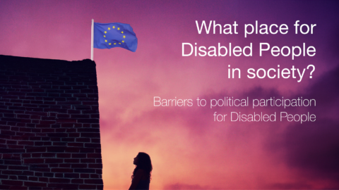 What place for Disabled People in society? Barriers to political participation for Disabled People. Illustration of a woman staring at a wall with a EU flag on top of it.