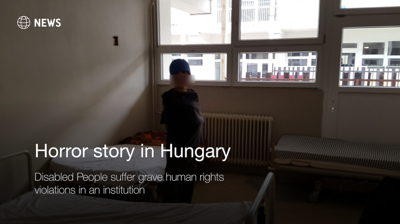 Horror story in Hungary. Disabled People suffer grave human rights violations in an institution. Photo of a child in a room of the institution. His face is masked.
