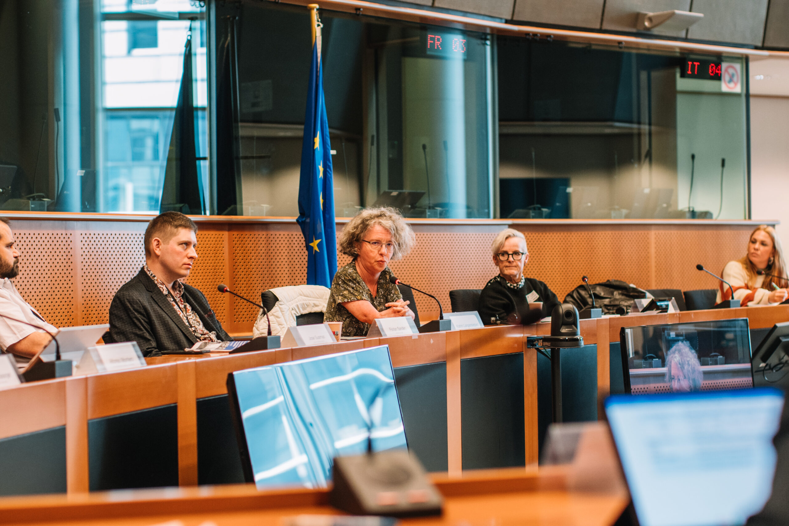 Photo of the panel, two woman and a man appear on the photo. an MEP, an activist and ENIL policy officer discussing.