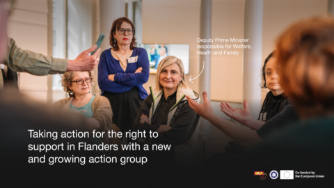Taking action for the right to support in Flanders with a new and growing action group. Photo of people talking to each other with a minister in the middle
