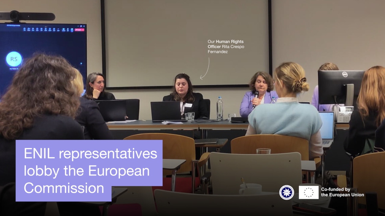 "ENIL representatives lobby the European Commission". Photo of a panel with people listening.