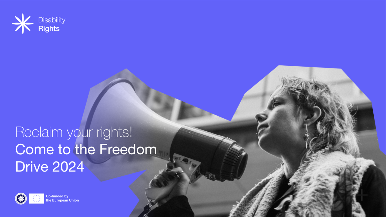 Reclaim your rights! Come to the Freedom Drive 2024. Illustration of someone speaking in a megaphone