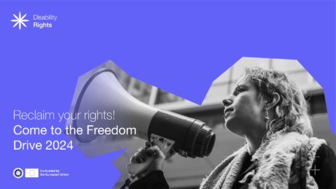 Reclaim your rights! Come to the Freedom Drive 2024. Illustration of someone speaking in a megaphone