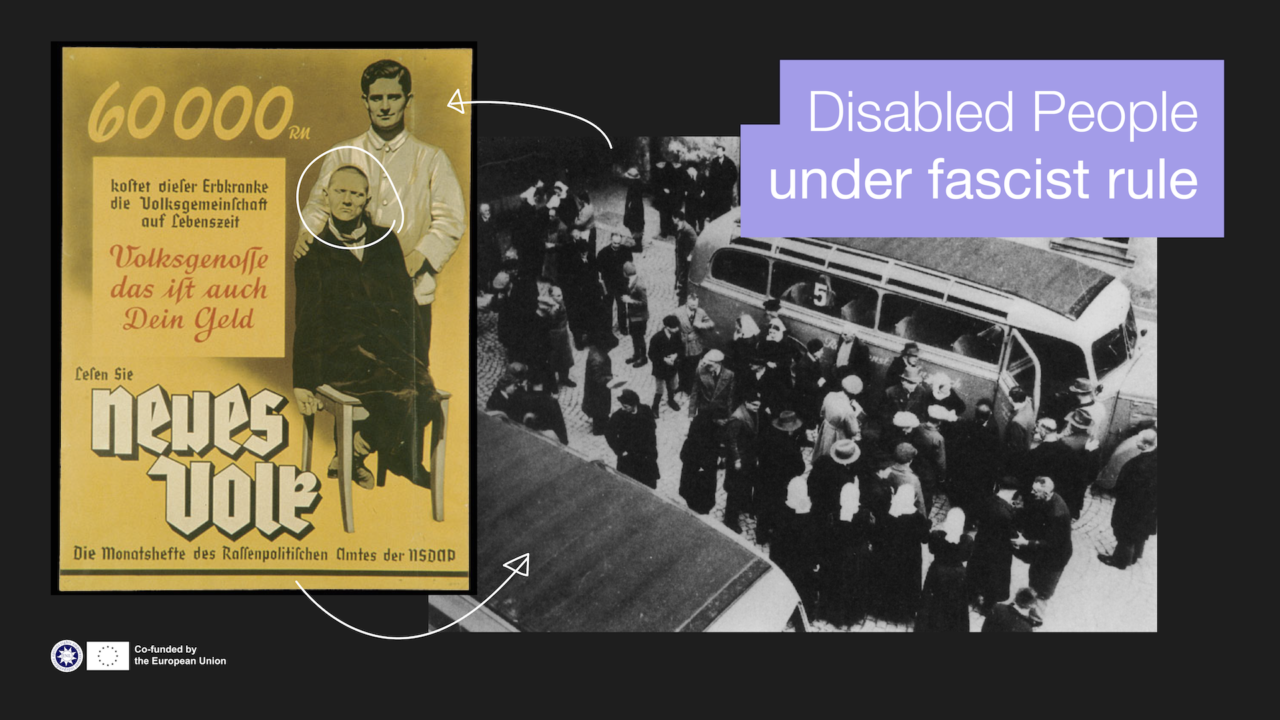 Disabled People under fascist rule. The first shows disabled people being collected to be driven to a gas chamber equipped killing facility. The bus type seen in the picture was commonly used for this kind of job. The second picture shows a poster which says "this person who has a hereditary disease is costing the community 60.000 RM (the former currency) throughout his life-time. Comrade, this is your money too. Read NEW PEOPLE, monthly journal of the office for racial policy of the NSDAP (the Nazi party)."