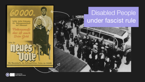 Disabled People under fascist rule. The first shows disabled people being collected to be driven to a gas chamber equipped killing facility. The bus type seen in the picture was commonly used for this kind of job. The second picture shows a poster which says "this person who has a hereditary disease is costing the community 60.000 RM (the former currency) throughout his life-time. Comrade, this is your money too. Read NEW PEOPLE, monthly journal of the office for racial policy of the NSDAP (the Nazi party)."