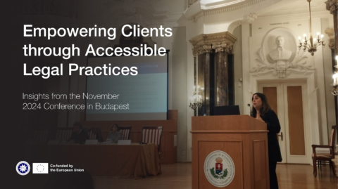 Empowering clients through accessible legal practices. Insights to november 2024 conference in Budapest. Photo of a woman speaking at an event. ENIL logo and co-funded by the EU