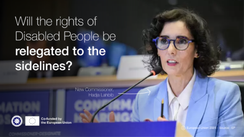 Photo of a woman with glasses speaking. Text says "will the rights of disabled people be relegated to the sidelines?"