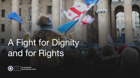 Child sitting on an adult's shoulders in a crowd, waving EU and Georgian flags
