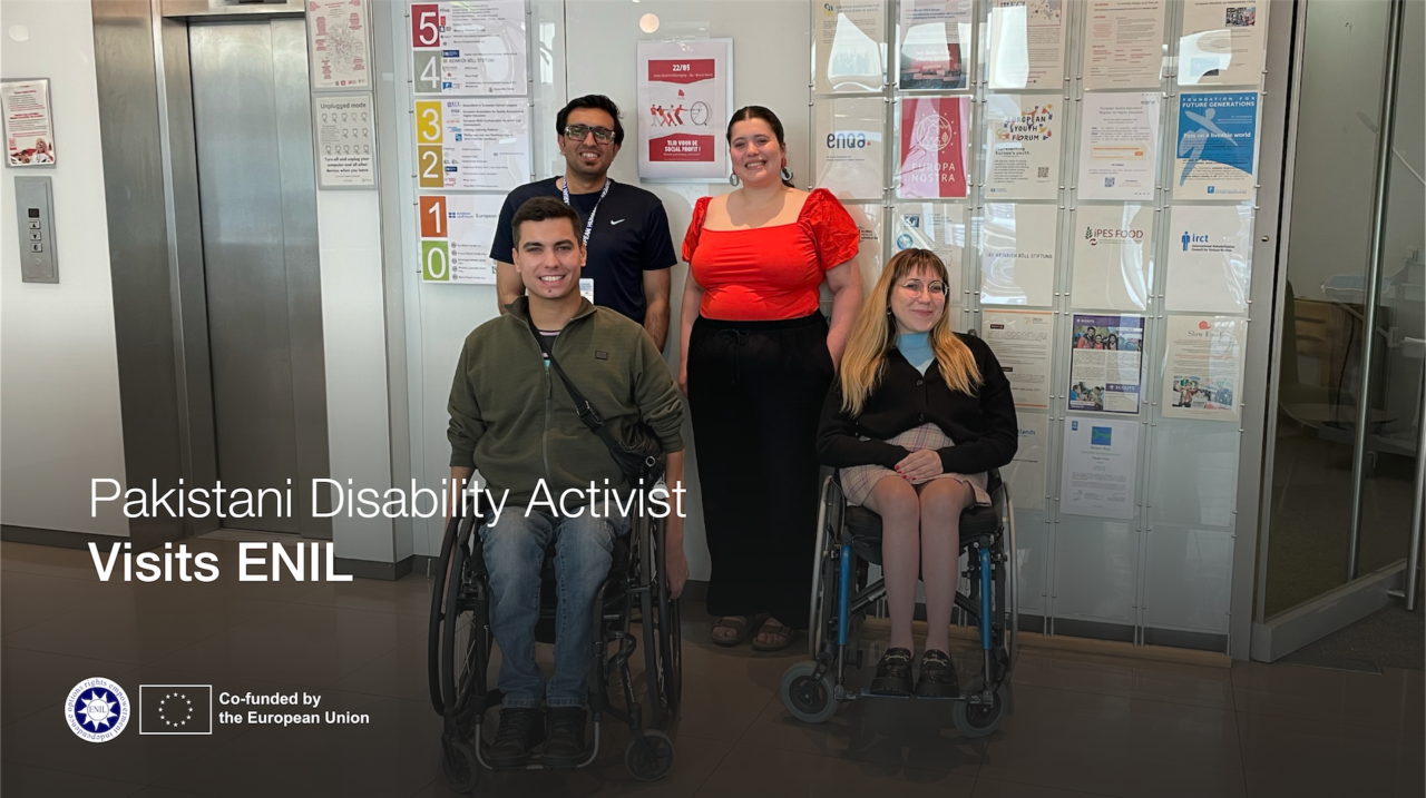Pakistani Disability activist visits ENIL. Group of 4 people posing for a photo