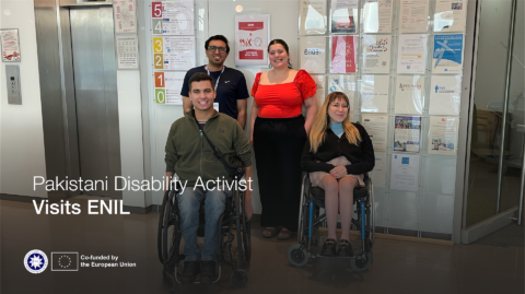 Pakistani Disability activist visits ENIL. Group of 4 people posing for a photo