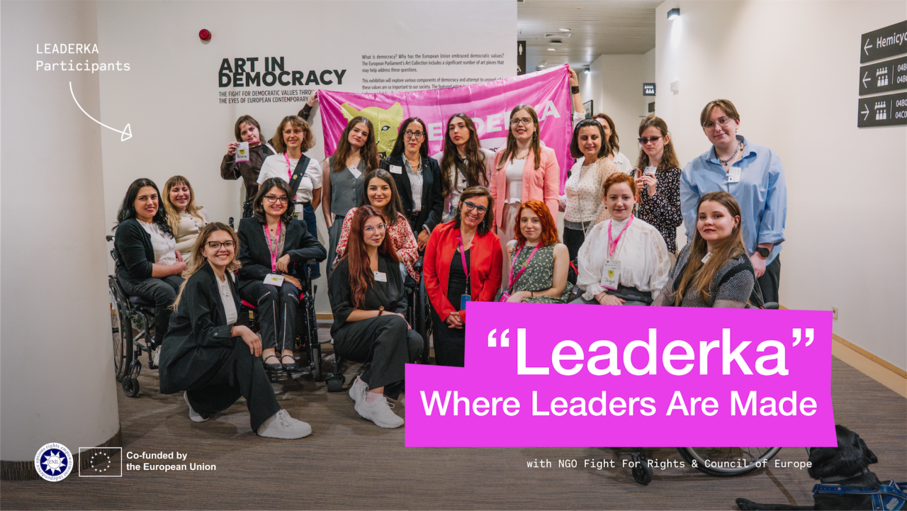 Group of disabled women gathering for a photo with a member of the European Parliament. Text says "Leaderka, where leaders are made"