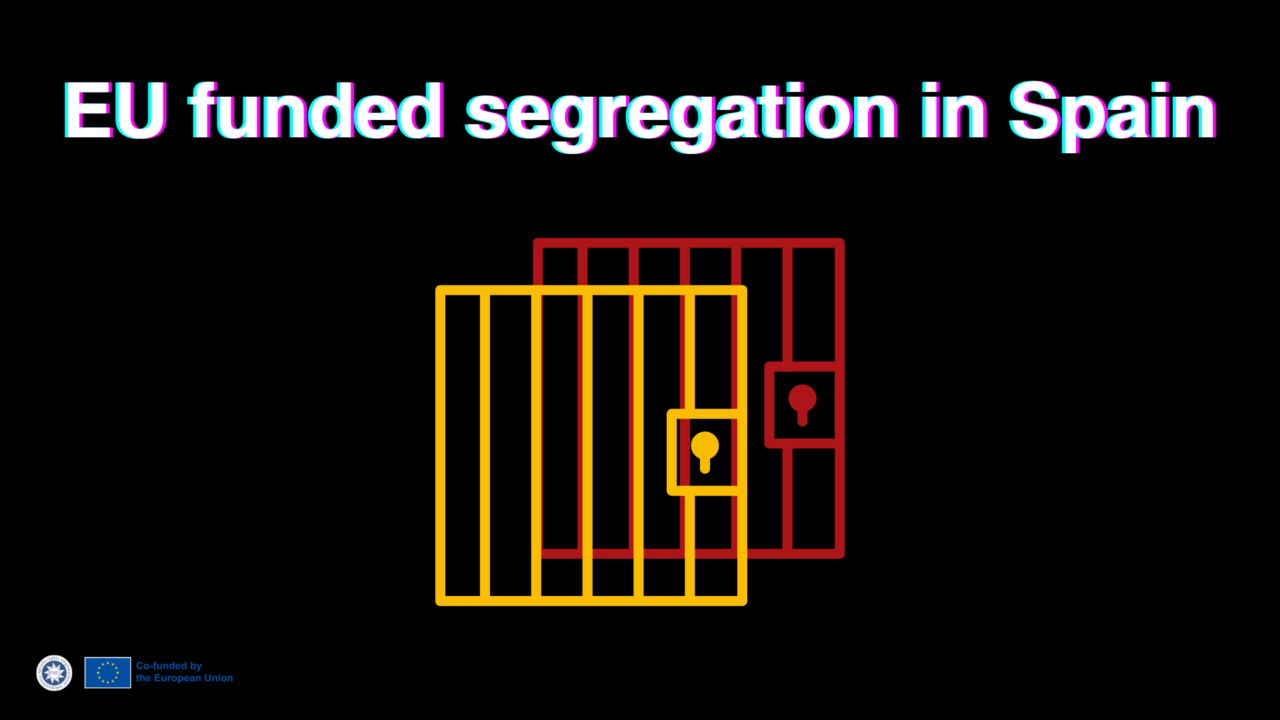 Black background graphic reading “EU funded segregation in Spain”. In the centre, overlapping yellow and red cage bars with padlocks symbolise institutionalisation. ENIL and EU co-funding logos are shown in the bottom right.