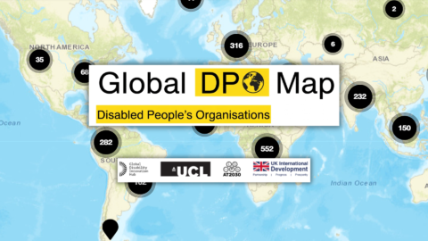 Banner showing a world map with black circular markers indicating numbers of organisations across regions. In the centre, a white panel reads “Global DPO Map,” with “DPO” highlighted in yellow alongside a globe icon. Below, a yellow label reads “Disabled People’s Organisations.” At the bottom are logos of partner organisations, including Global Disability Innovation Hub, UCL, AT2030, and UK International Development.