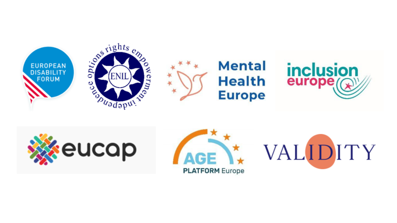 Logos of European disability and social inclusion organisations displayed on a white background: European Disability Forum, ENIL (European Network on Independent Living), Mental Health Europe, Inclusion Europe, EUCAP, AGE Platform Europe, and Validity.