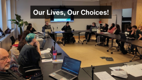 Alt text: Participants attend ENIL’s European Independent Living Day 2026 event in Brussels on legal capacity and supported decision-making. People are seated around a large U-shaped conference table with laptops and microphones while speakers present in a hybrid format. A large banner across the image reads “Our Lives, Our Choices!” in bold white text. Several wheelchair users and other participants are actively engaged in the discussion.