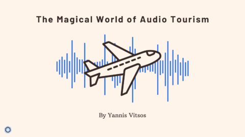 Alt text: Slide with a light beige background. At the top, large text reads: “The Magical World of Audio Tourism”. In the centre, there is a simple line illustration of an airplane flying over blue audio waveforms. Near the bottom, text reads: “By Yannis Vitsos”. The bottom left includes the ENIL logo and the EU flag with the text “Co-funded by the European Union.”