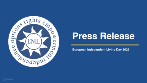 Blue background with the ENIL (European Network on Independent Living) logo on the left, featuring a circular emblem with a sun-like symbol and the words “nothing about us without us.” On the right, large white text reads “Press Release,” with a yellow line underneath, followed by “European Independent Living Day 2026.” In the bottom left corner, the EU flag appears with the text “Co-funded by the European Union.”