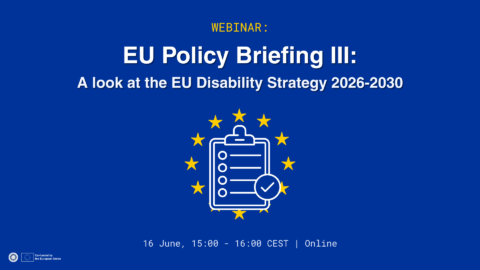 Alt text: Dark graphic promoting an ENIL online policy talk. The background shows a close-up black-and-white photo of a microphone and audio recorder on a wooden surface. White text reads: “Policy Talk. Your EU Disability Policy Update. 16 June, 15:00 to 16:00 CEST, online.” ENIL and European Union co-funded logos appear at the bottom left. “ENIL Policy Briefing” appears at the bottom right, but the text is slightly overlapping.