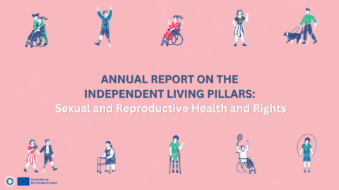 Pink cover for the “Annual Report on the Independent Living Pillars: Sexual and Reproductive Health and Rights.” Small illustrations of diverse disabled people, including wheelchair users, people with mobility aids and a guide dog, appear along the top and bottom.