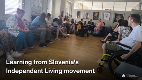 A group of people, including several wheelchair users, sit in a circle during a study visit discussion in Slovenia. White text over the lower part of the image reads: “Learning from Slovenia’s Independent Living movement.”