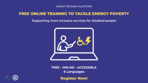Graphic promoting the ASSERT Training Platform on a dark blue background. Large yellow text reads “Free online training to tackle energy poverty,” with white text underneath: “Supporting more inclusive services for disabled people.” In the centre, a white laptop icon contains a trainer figure pointing toward a yellow wheelchair accessibility symbol and lightning bolt. Below, text reads “Free • Online • Accessible,” “6 Languages,” and “Register Now!” The ASSERT and ENIL logos appear in the bottom left corner.