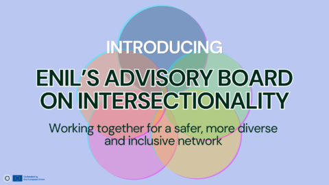 Graphic with overlapping coloured circles on a pale lavender background. Text reads: “Introducing ENIL’s Advisory Board on Intersectionality. Working together for a safer, more diverse and inclusive network.” The ENIL logo and European Union emblem appear at the bottom left, alongside “Co-funded by the European Union.”