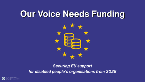 Graphic titled “Our Voice Needs Funding.” Yellow coin stacks surrounded by EU stars appear on a purple background. Text reads: “Securing EU support for disabled people’s organisations from 2028.” ENIL and “Co-funded by the European Union” logos appear at the bottom left.